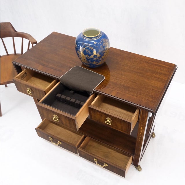 1970s Mahogany Banded Inlay Drop Leaf Silver Drawer 5 Drawers Server Cart on Wheels For Sale - Image 5 of 12