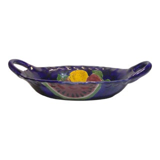 Vintage Hand-Painted Mexican Majolica Talavera Style Serving Bowl W Handles Fruit Design For Sale