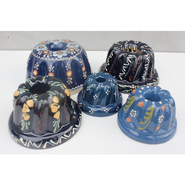 Beautiful pottery molds for cake, Jelly, Pudding or Chocolate Hand painted blue kitchen decoration. Five different sizes...