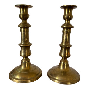 Pair of English Polished Brass Candlesticks, 19th Century
