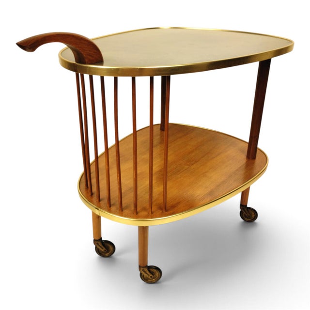 Mid-Century Modern Scandinavian Kidney-Shaped Wooden Bar Cart Serving Trolley, 1960s For Sale - Image 3 of 17