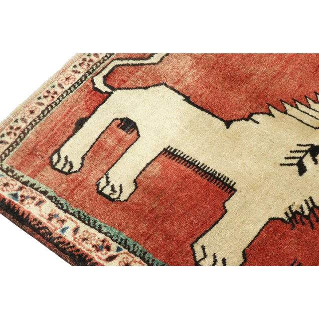 1950s Vintage Gabbeh Tribal Rug in Red With Beige Lion Pictorial and Floral Border For Sale - Image 5 of 7