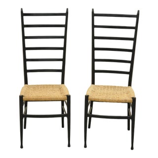 Italian Gio Ponti Style Ebonized Black Tall Ladder Back Rope Seat Chair - a Pair For Sale
