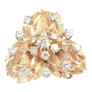 Large Floral Diamond Flower Yellow Gold Cocktail Ring size 6