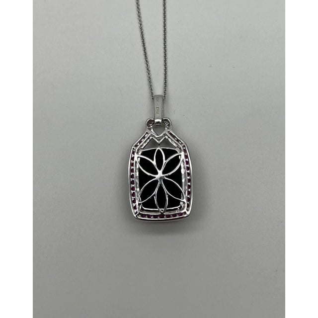 Modern Black Onyx Red Pink Ruby White Diamond Halo 14k White Gold Pendant Necklace For Sale - Image 3 of 10