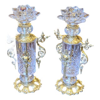 Italian Style Luxury Brass and Crystal Candlestick Set of 2 Decorative Accent For Sale