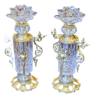 Italian Style Luxury Brass and Crystal Candlestick Set of 2 Decorative Accent