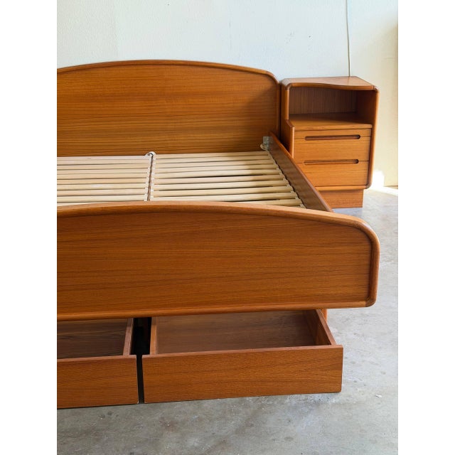 Mid Century Modern Teak Queen Bed Frame With Matching Nightstands & Built-in Storage Drawers For Sale - Image 9 of 10
