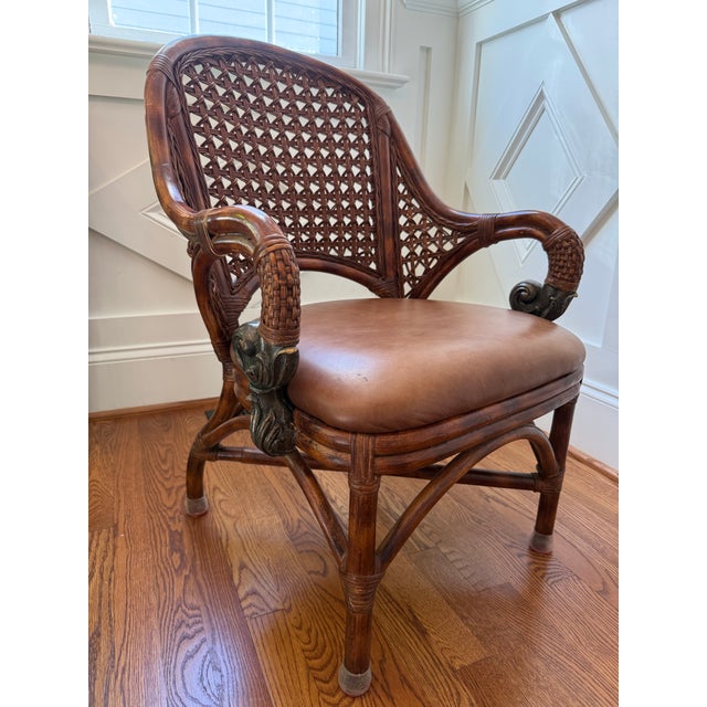 English Vintage British Colonial–Style Cane & Rattan Armchair With Leather Seat For Sale - Image 3 of 11