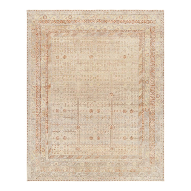 Rug & Kilim’s Block Print Runner Rug in Beige with Geometric-Floral Patterns - 3x8 For Sale