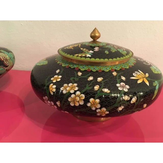 Chinoiserie Vintage Cloisonné Lidded Jars - a Pair For Sale - Image 3 of 12