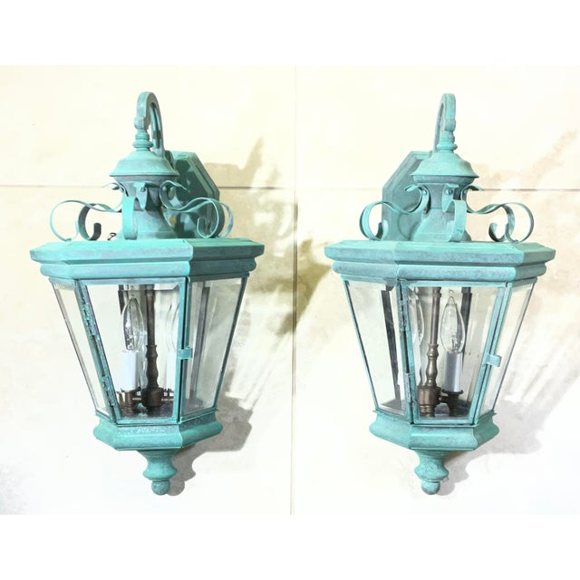 Exquisite Pair of Large Solid Brass Outdoor Wall Lanterns – Verdigris Patina For Sale - Image 10 of 18