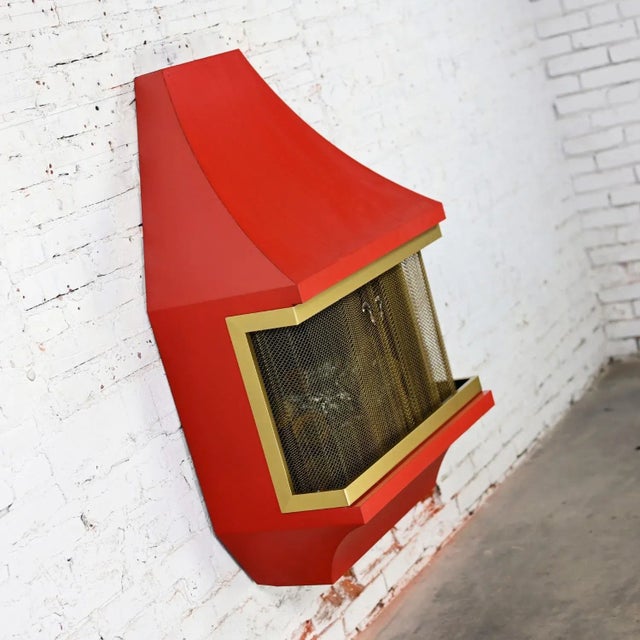 1960’s Mid-Century Modern Electric Wall Fireplace Orange With Gold Tone Trim Attributed to Montgomery Ward Style House For Sale - Image 4 of 12