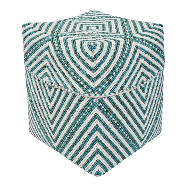Vintage Turquoise & White Beaded Bamboo Box Large For Sale