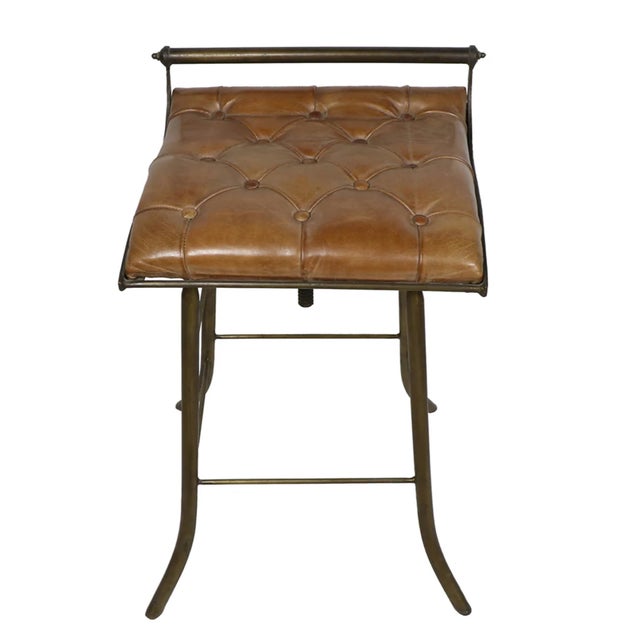 Renaissance Matthew Izzo Home Seelbach Antique Brass and Tufted Leather Barstool For Sale - Image 3 of 6