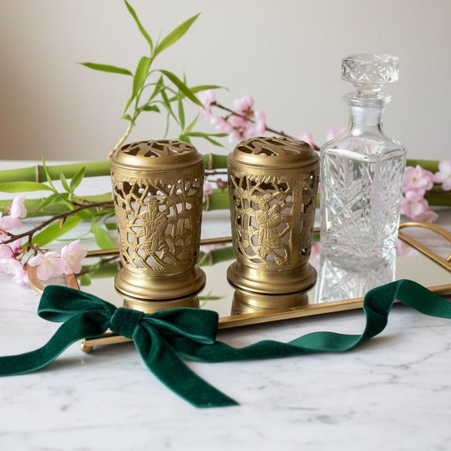 Vintage Brass Chinese Immortal Lanterns Pair-Candle-Incense Holders-Asian-Boho For Sale - Image 6 of 11