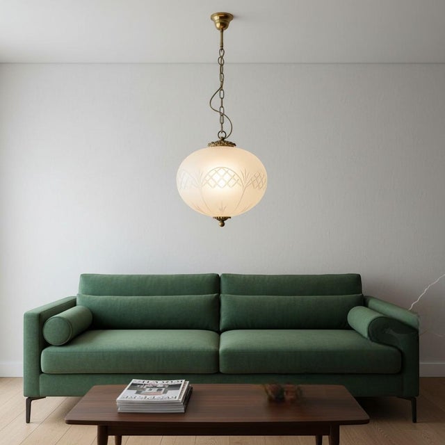 Portuguese Regency Style Frosted Glass Pendant with Ornate Brass Crown, 1980s For Sale - Image 4 of 17