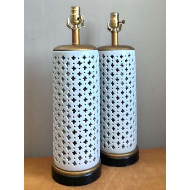 Vintage Perforated Ceramic Table Lamps - Pair For Sale - Image 9 of 13