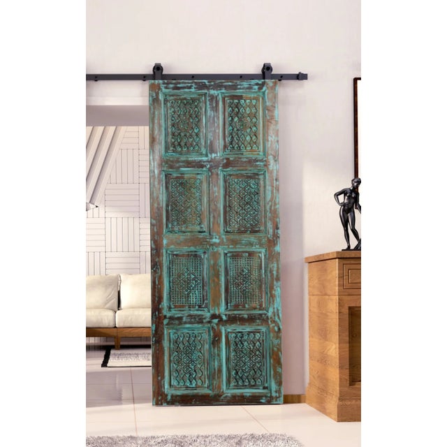 Midcentury Vintage Carved Blue Wooden Door – Hinged Entry Door or Sliding Barn Door 96x36 For Sale - Image 4 of 4