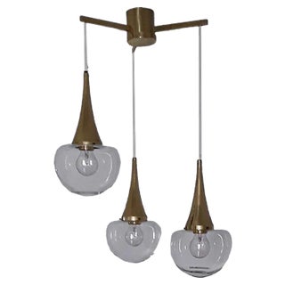 Vintage Cascade Lamp with Golden Metal Frame & 3 Clear Glass Shades from Kaiser, 1970s For Sale