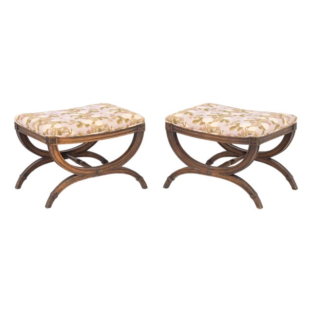 Louis XVI Style Upholstered Curule Stools, Pair For Sale