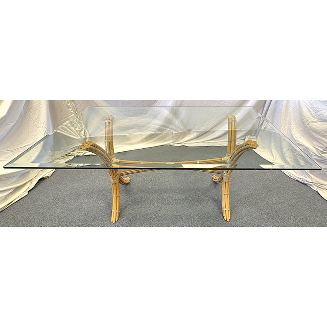 Boho Chic Mid Century McGuire Style Bamboo With Rawhide Wrap and Glass Top Dining Table For Sale - Image 3 of 16