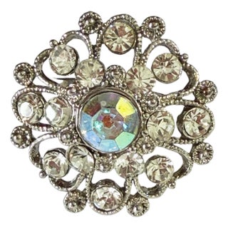 Vintage Cocktail Ring Rhinestone Diamond & Crystal Silver Tone Size 6 Resizable For Sale