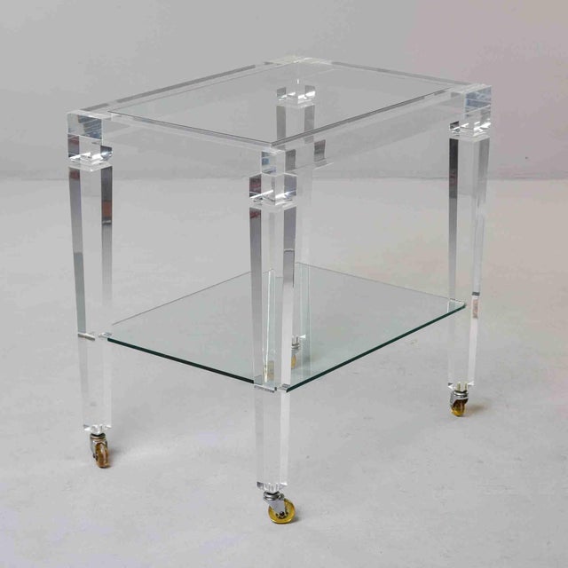 Metal Large Italian Lucite Two-Tier Table on Casters For Sale - Image 7 of 13