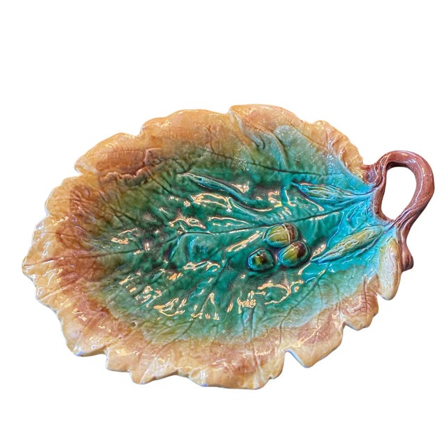 English Majolica Leaf Dish With Acorns For Sale - Image 3 of 9
