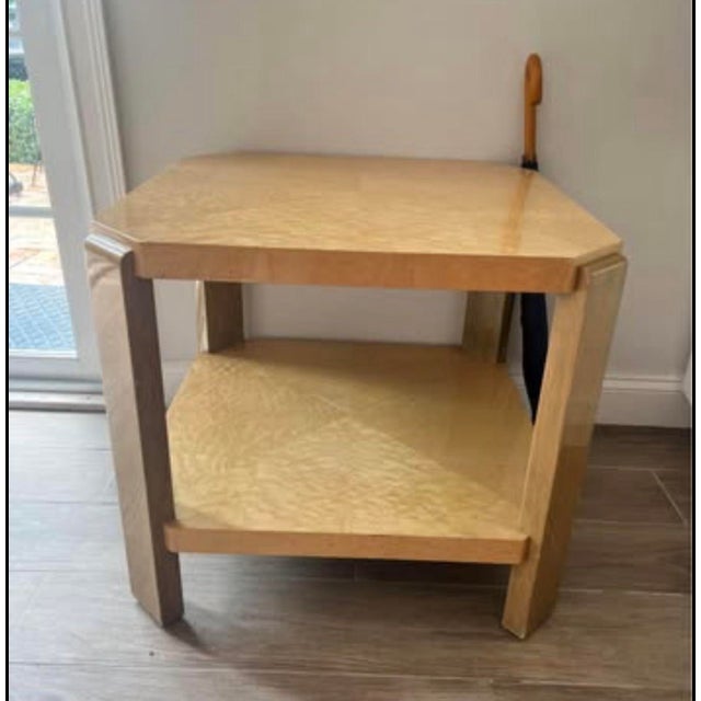 Mid-Century Modern 1990s Two Tier Burl Wood Arc Deco Revival Side Table For Sale - Image 3 of 3