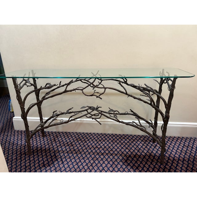 Hand made wrought iron metal tree branches and twig with glass top console / entry table / buffet. Vintage piece with...
