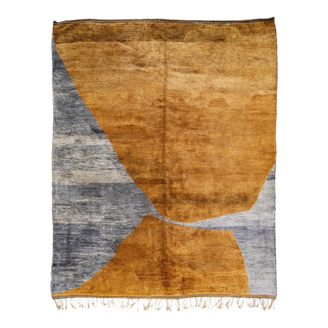 Modern Moroccan Abstract Motif Handmade Gray and Goldenrod Wool Rug For Sale