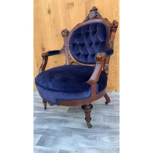 Late 19th Century Antique Victorian Eastlake Carved His/Her Tufted Chairs Newly Reupholstered in Blue Velvet - Pair For Sale - Image 5 of 13