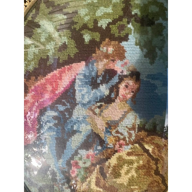 Victorian Petit Point Romantic Scene in Velvet and Brass Ormolu Frame For Sale - Image 4 of 8