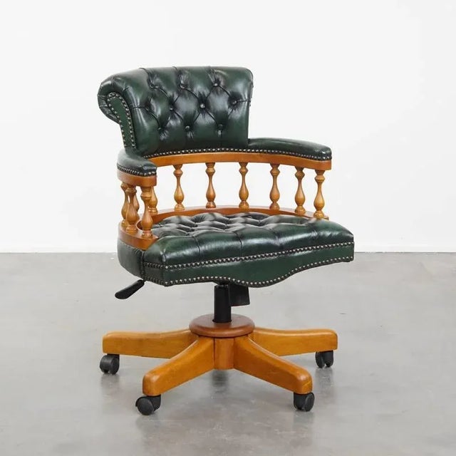 Green Cowhide Chesterfield Office Chair on Wheels For Sale - Image 14 of 14