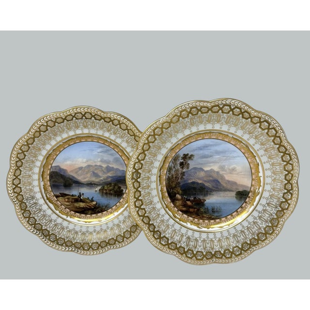 Victorian Antique Pair Cabinet Plates Hand Painted Lakes Killarney Kerry Ireland Irish 19Ct For Sale - Image 3 of 11