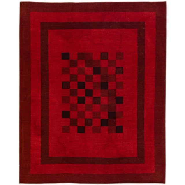 Modern Kilim Flatweave Chess Pattern Red Wool Rug For Sale - Image 11 of 11