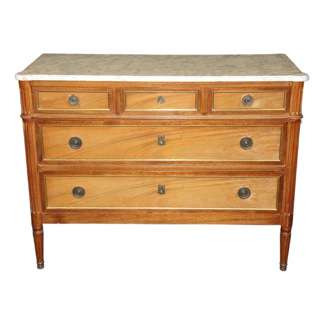 French Faded Mahogany Louis XVI Style Brass Trimmed Marble Top Commode c.1950 For Sale