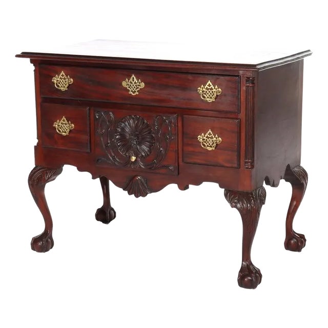 Antique Chippendale Low Boy With Carved Shell & Floral Mahogany C1920 For Sale