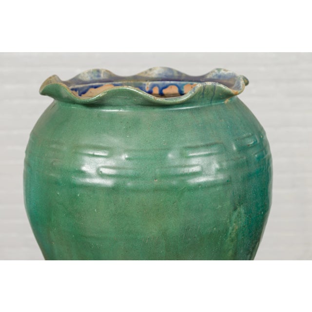 Ceramic Antique Vietnamese or Chinese Green Glazed Vase with Scalloped Lip For Sale - Image 7 of 13