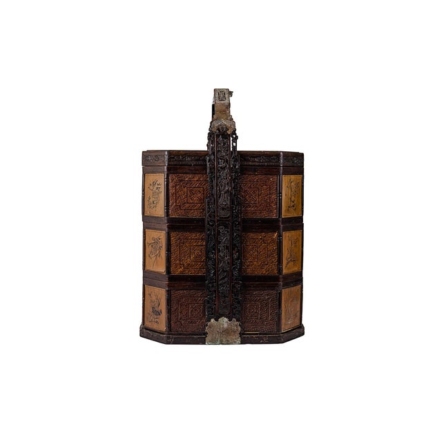 Antique 3 Three Tiered Wood & Bamboo Rattan Chinese Wedding Basket For Sale In Tulsa - Image 6 of 18