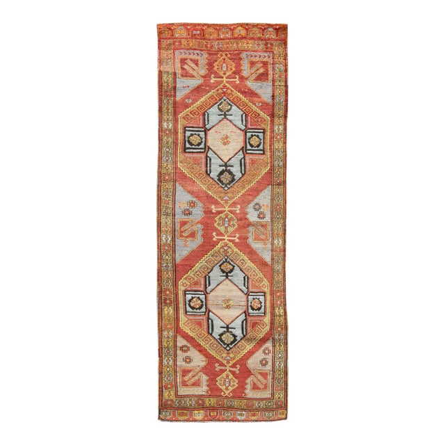 Long Vintage Turkish Oushak Gallery Runner With Geometric Medallions 4'2 X 13'3 For Sale