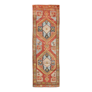 Long Vintage Turkish Oushak Gallery Runner With Geometric Medallions 4'2 X 13'3