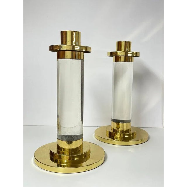 Karl Springer Pair of Lucite and Brass Column Candle Holders in the Style of Karl Springer For Sale - Image 4 of 12