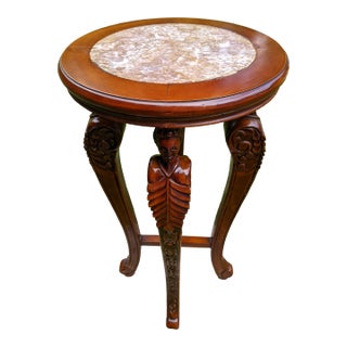 1960s Vintage Walnut Gueridon Table with Marble Top & Carved Elizabethan Courtly Figures For Sale