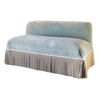 Vintage Hollywood Regency Velvet Settee, Armless Slipper Sofa With Bullion Fringe For Sale