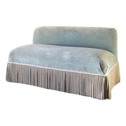 Vintage Hollywood Regency Velvet Settee, Armless Slipper Sofa With Bullion Fringe For Sale