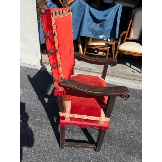 Spanish Antique Spanish Throne Chair Red Fabric For Sale - Image 3 of 4