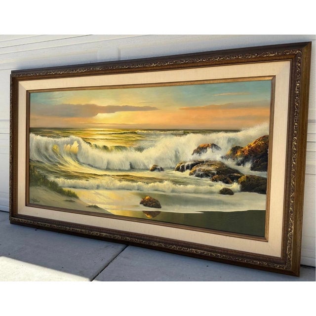 Listed Artist William Hoffman X Large Gold Gilt Framed Sunset Seascape 1970 For Sale - Image 16 of 18