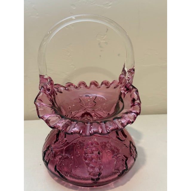 1980s Fenton Art Glass Country Cranberry Purple Basket With Grapes and Leaves For Sale - Image 11 of 12